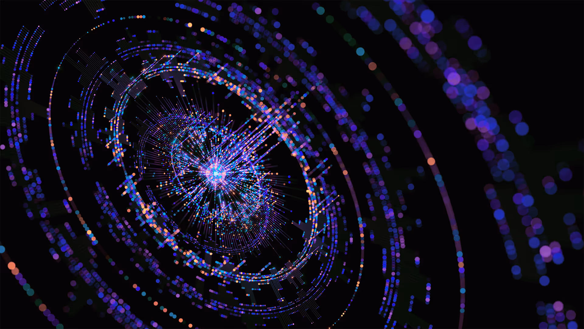 Abstract visualization of digital data swirling in a circular pattern with glowing blue, purple, and orange dots against a black background.