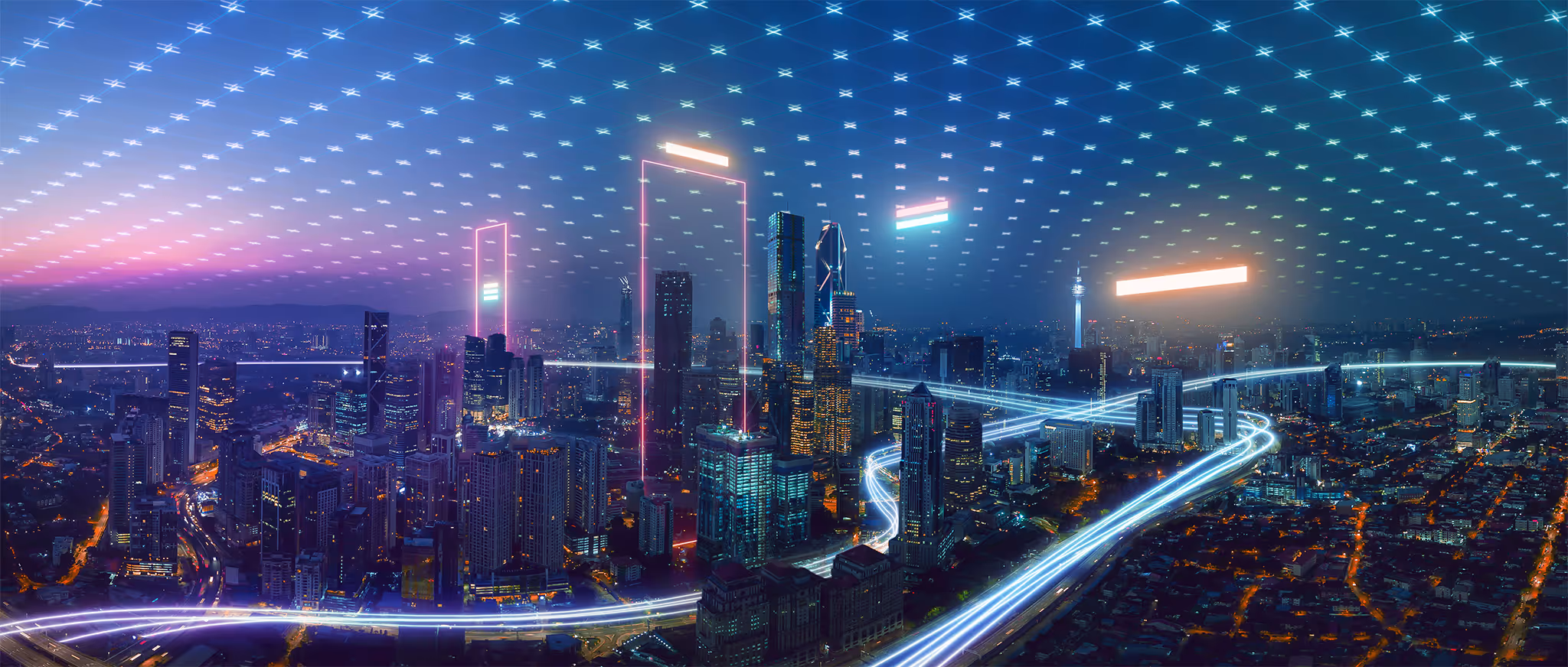Futuristic city skyline at night with neon lights, data grid pattern in the sky, and glowing digital pathways symbolizing connectivity.